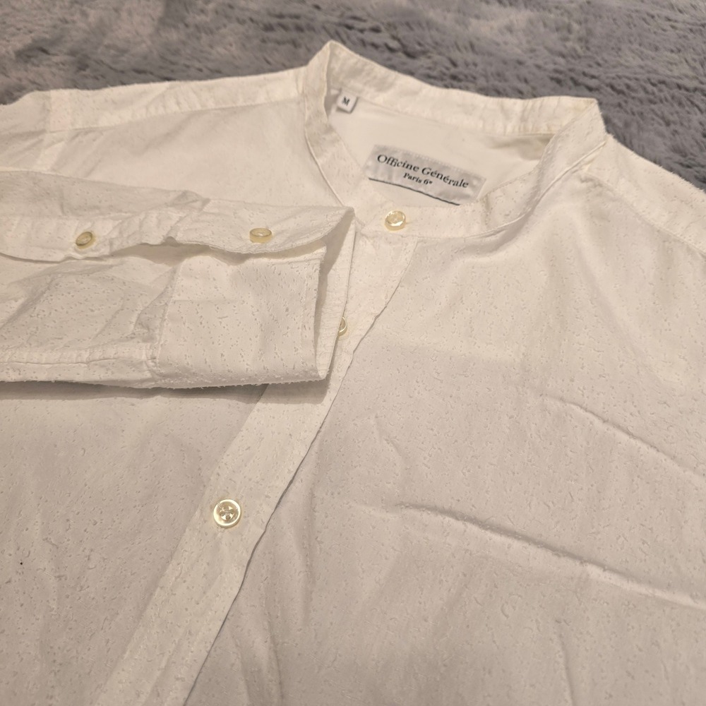 Officine Generale White Textured Cotton Band Collar Shirt Mens Medium Portugal